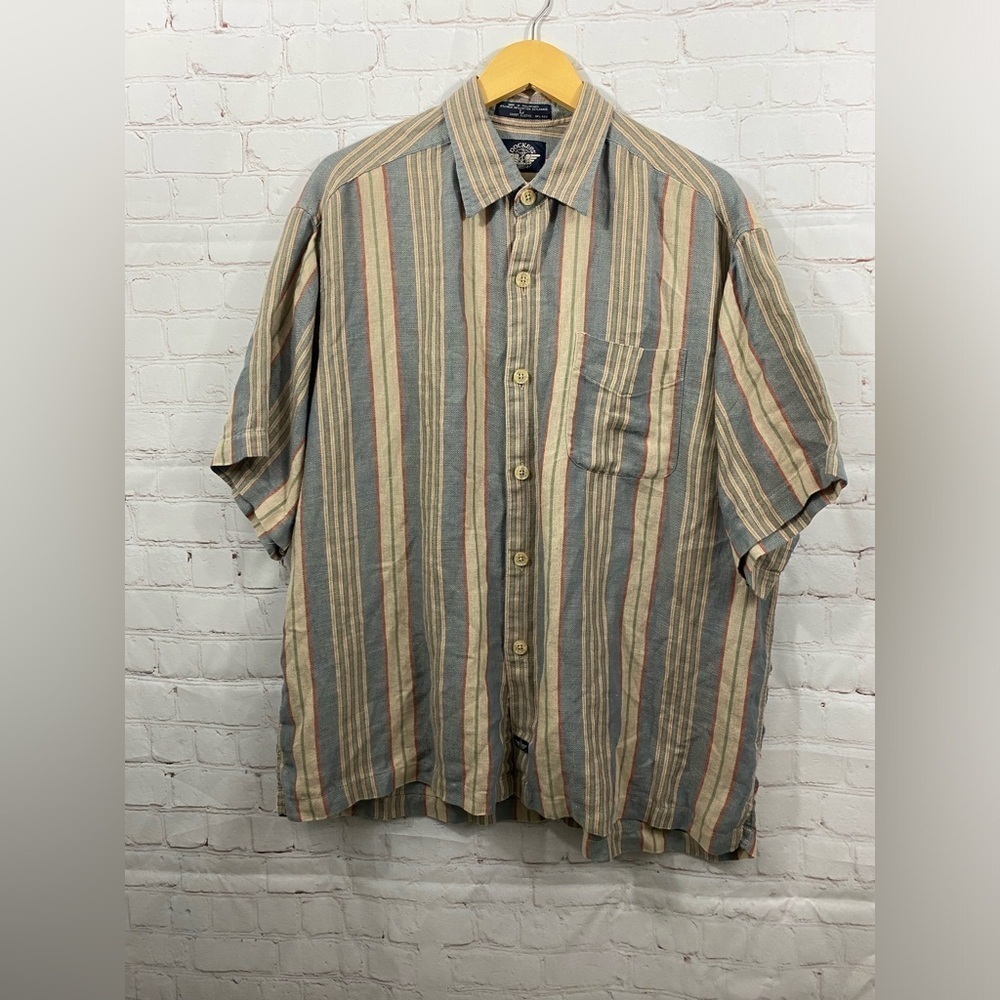 Dockers Linen Blend Button Down Mens Size Large Blue Tan Striped Shirt